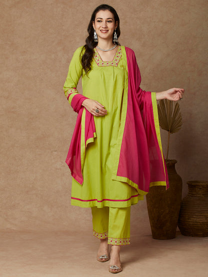 Solid Ethnic Embroidered A-Line Kurta with Pant & Dupatta - Lime Green