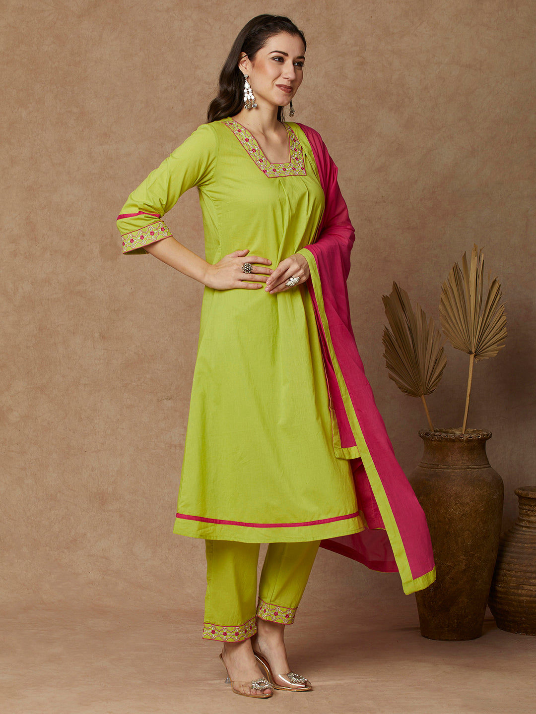 Solid Ethnic Embroidered A-Line Kurta with Pant & Dupatta - Lime Green