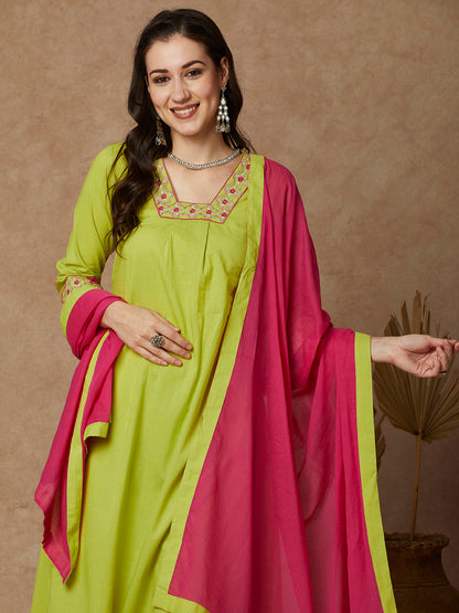 Solid Ethnic Embroidered A-Line Kurta with Pant & Dupatta - Lime Green