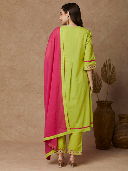 Solid Ethnic Embroidered A-Line Kurta with Pant & Dupatta - Lime Green