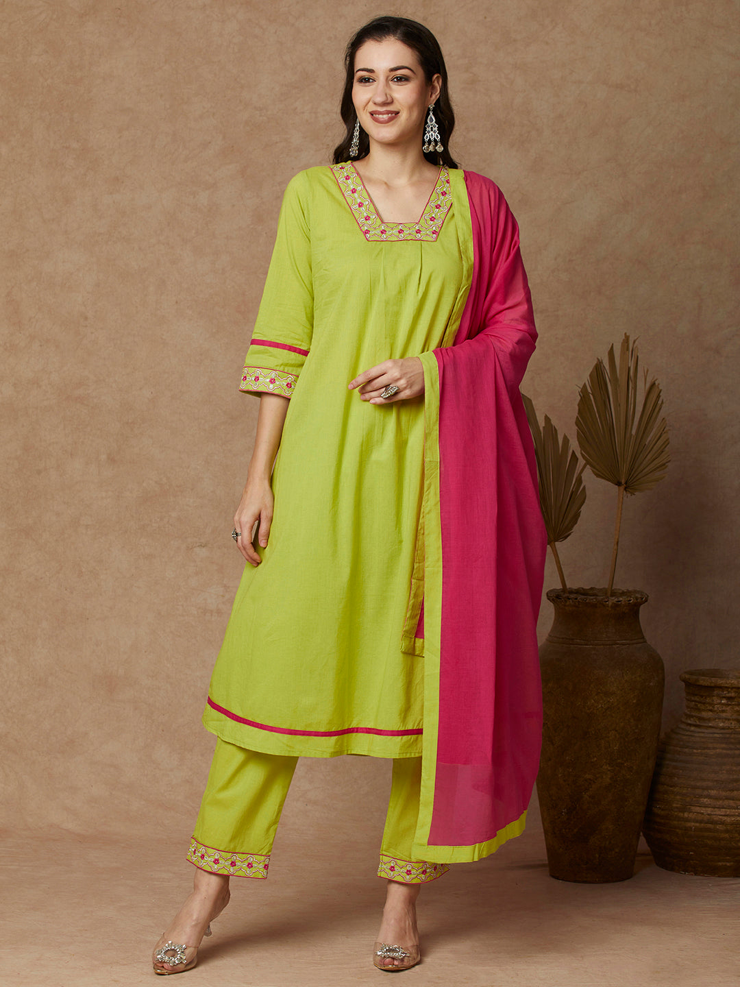 Solid Ethnic Embroidered A-Line Kurta with Pant & Dupatta - Lime Green