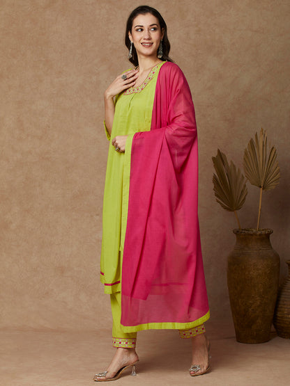 Solid Ethnic Embroidered A-Line Kurta with Pant & Dupatta - Lime Green