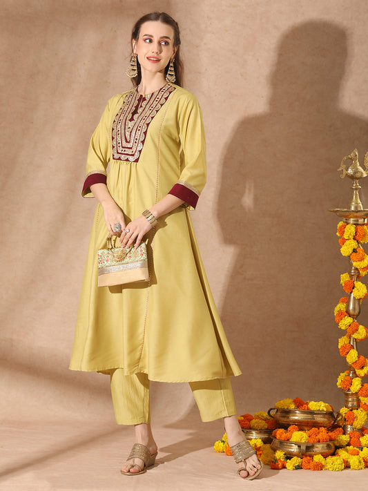 Solid Ethnic Zari Embroidered A-Line Paneled Kurta with Palazzo - Green