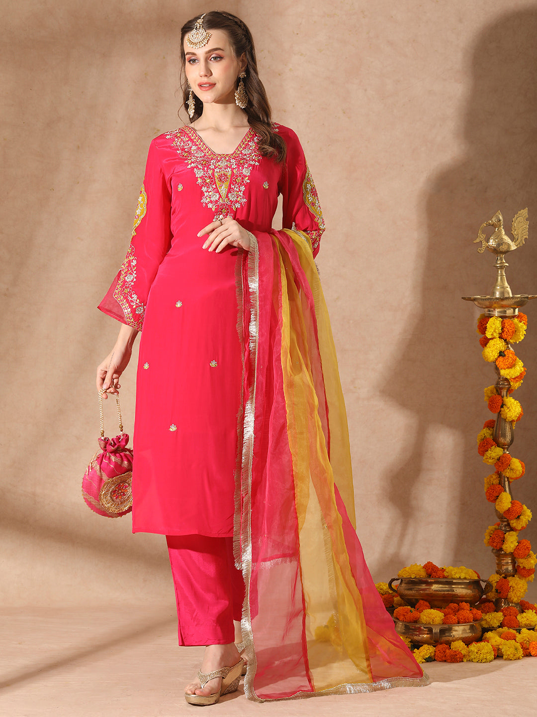 Solid Floral Embroidered Straight Fit Kurta with Pant & Dupatta - Pink