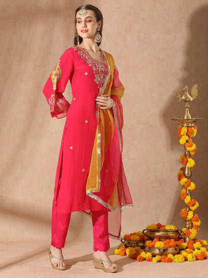 Solid Floral Embroidered Straight Fit Kurta with Pant & Dupatta - Pink