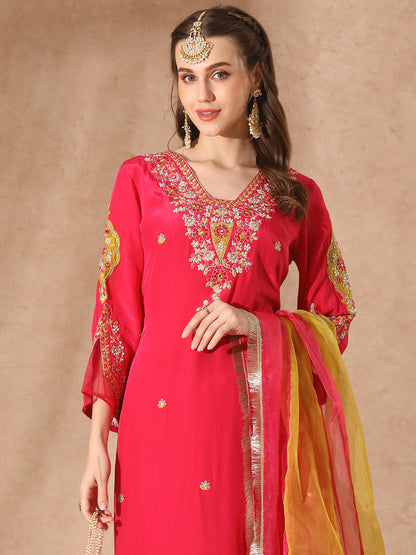 Solid Floral Embroidered Straight Fit Kurta with Pant & Dupatta - Pink