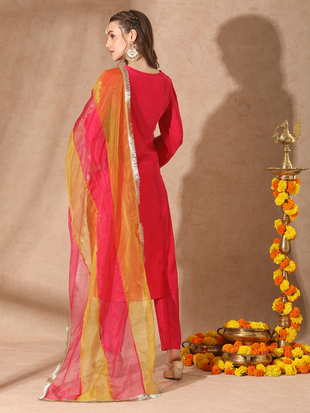 Solid Floral Embroidered Straight Fit Kurta with Pant & Dupatta - Pink