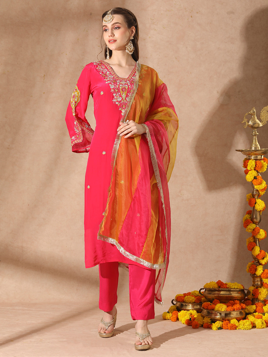 Solid Floral Embroidered Straight Fit Kurta with Pant & Dupatta - Pink