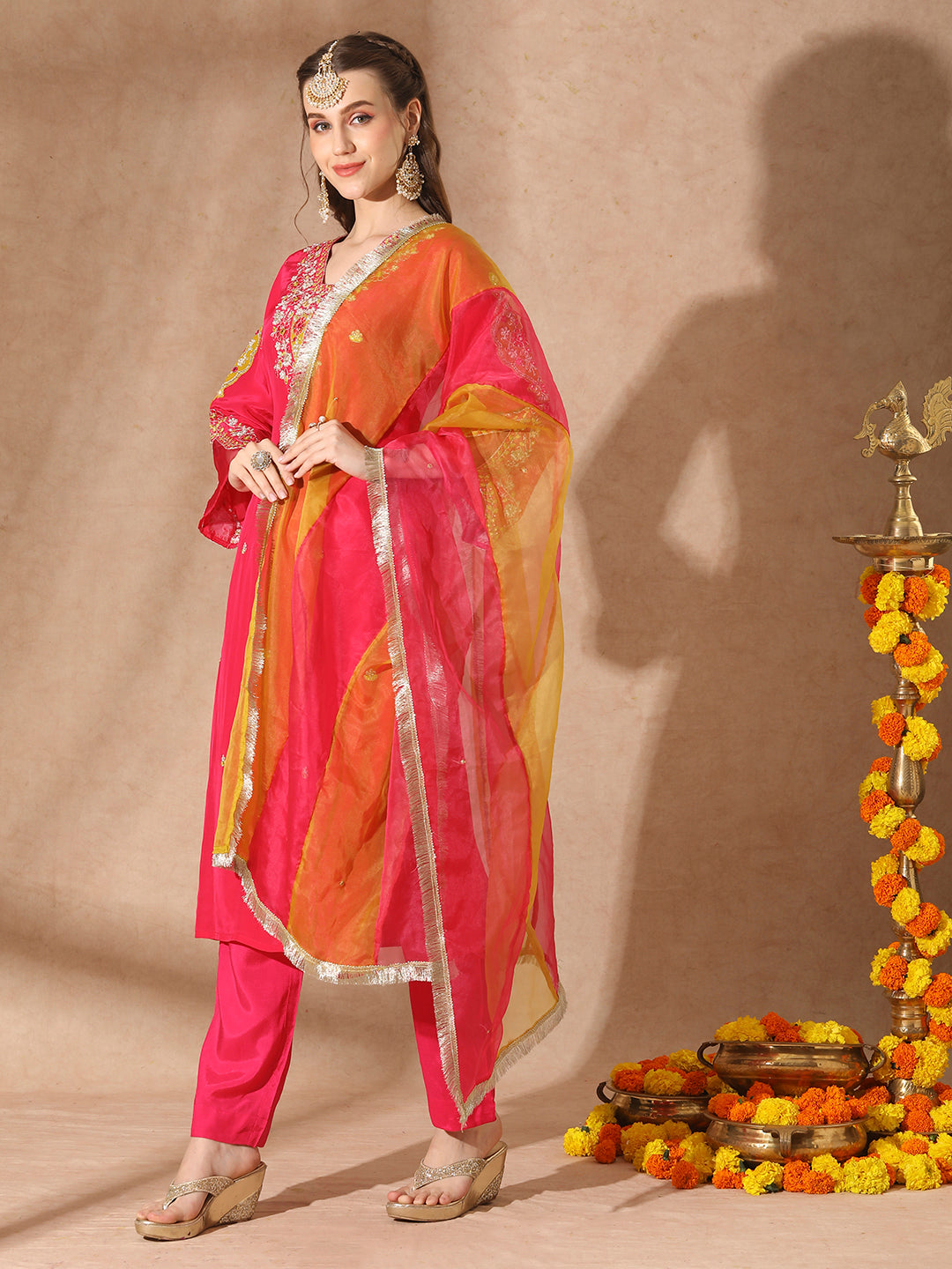 Solid Floral Embroidered Straight Fit Kurta with Pant & Dupatta - Pink