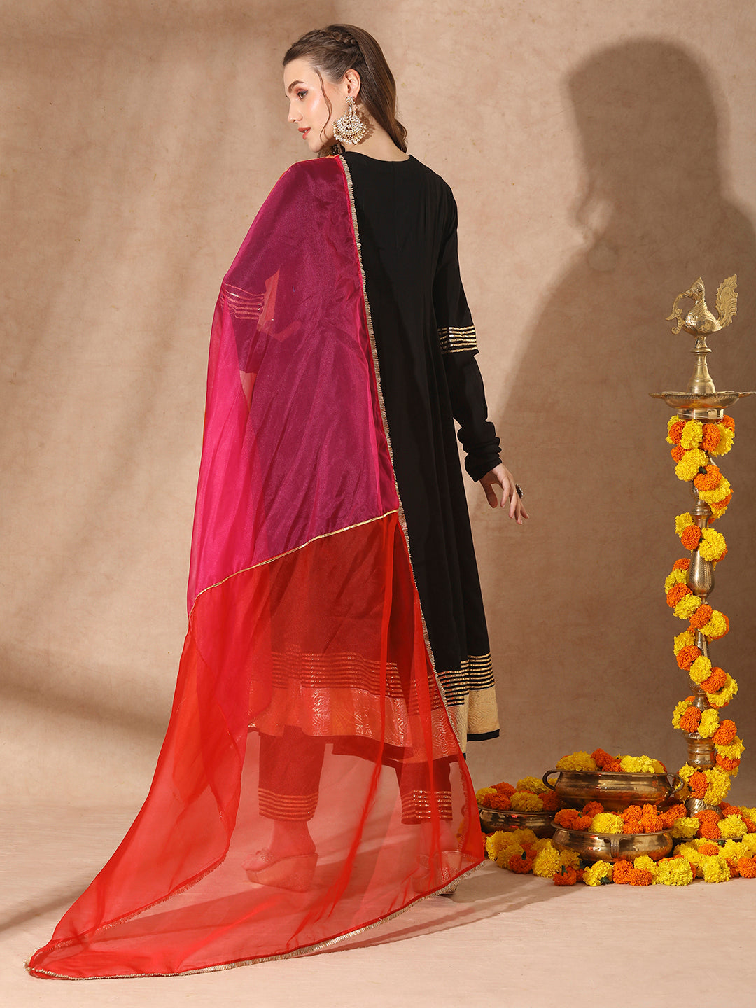 Solid Floral Embroidered Anarkali Kurta with Pant & Colorblocked Dupatta - Black