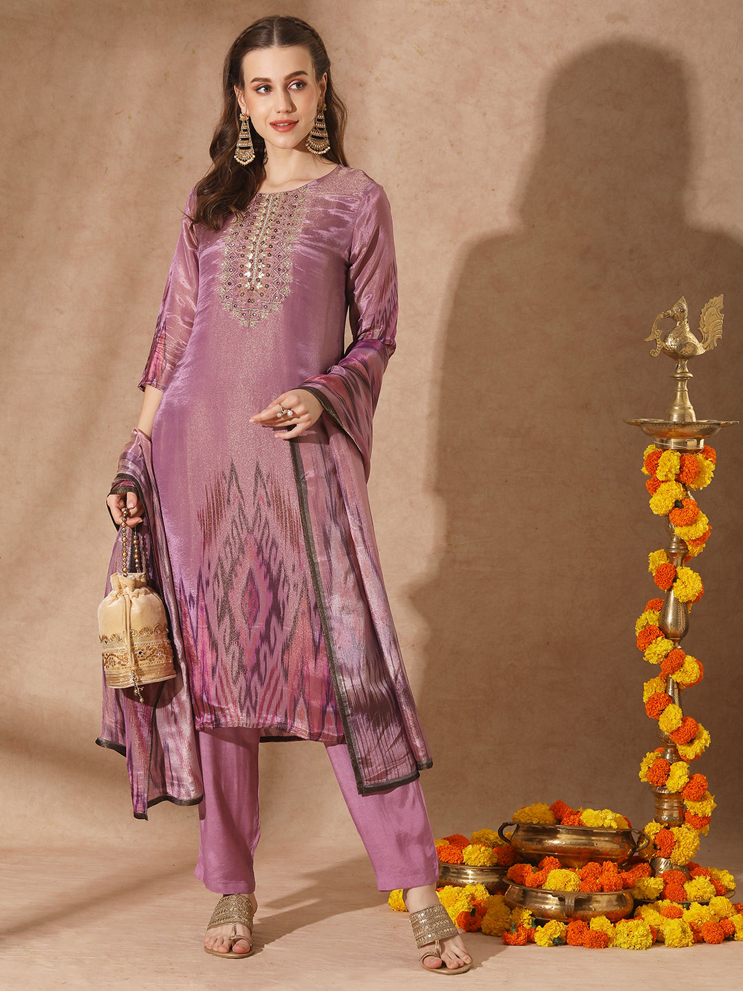 Ethnic Ikat Printed & Hand Embroidered Straight Kurta with Pant & Dupatta - Purple