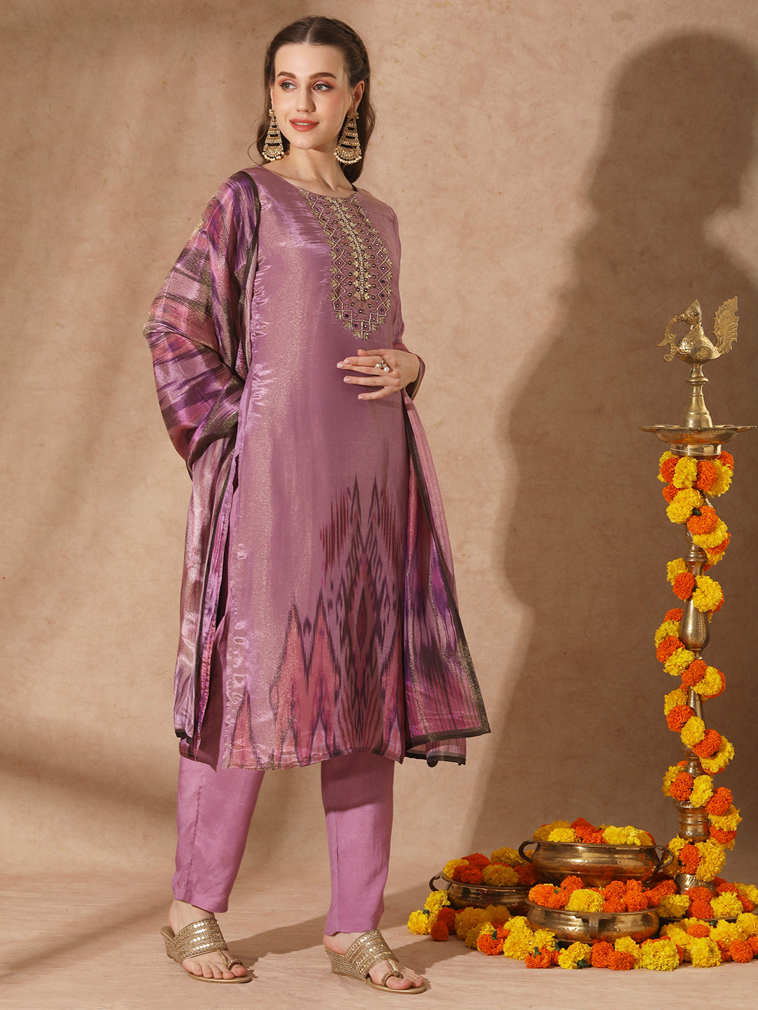 Ethnic Ikat Printed & Hand Embroidered Straight Kurta with Pant & Dupatta - Purple