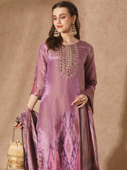 Ethnic Ikat Printed & Hand Embroidered Straight Kurta with Pant & Dupatta - Purple