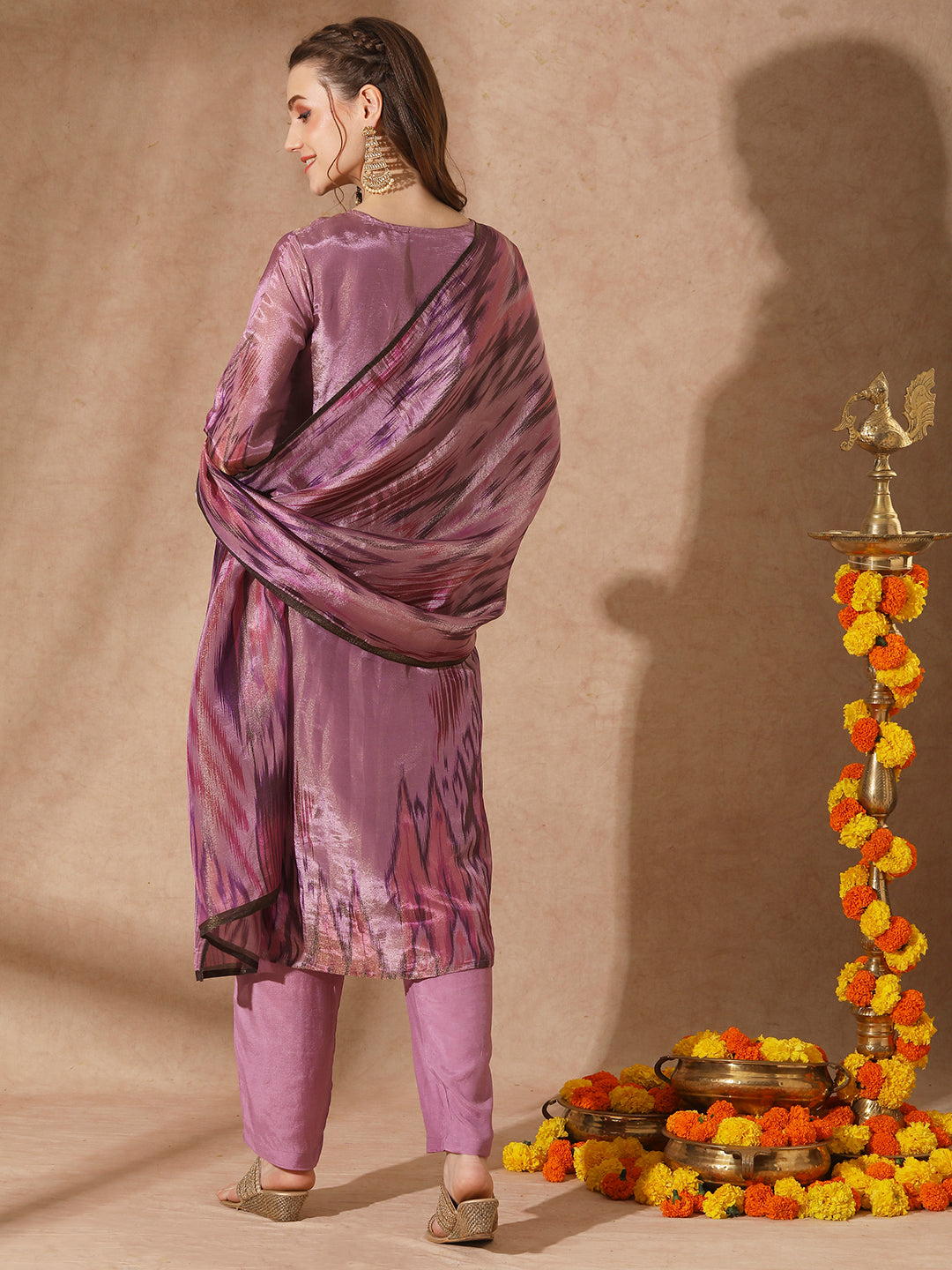 Ethnic Ikat Printed & Hand Embroidered Straight Kurta with Pant & Dupatta - Purple