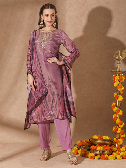 Ethnic Ikat Printed & Hand Embroidered Straight Kurta with Pant & Dupatta - Purple