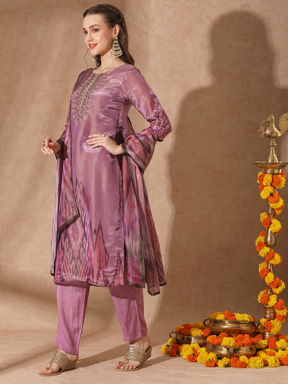 Ethnic Ikat Printed & Hand Embroidered Straight Kurta with Pant & Dupatta - Purple