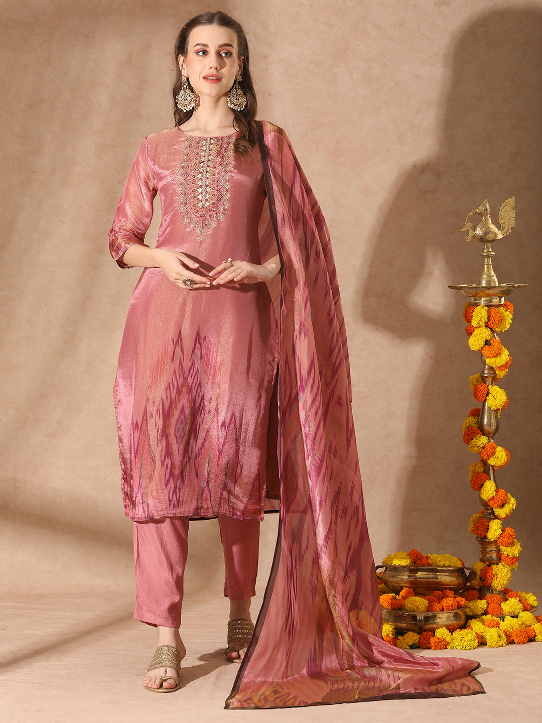 Ethnic Ikat Printed & Hand Embroidered Straight Kurta with Pant & Dupatta - Pink