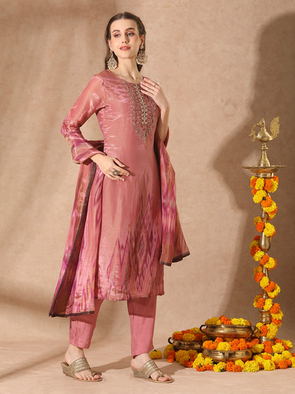 Ethnic Ikat Printed & Hand Embroidered Straight Kurta with Pant & Dupatta - Pink