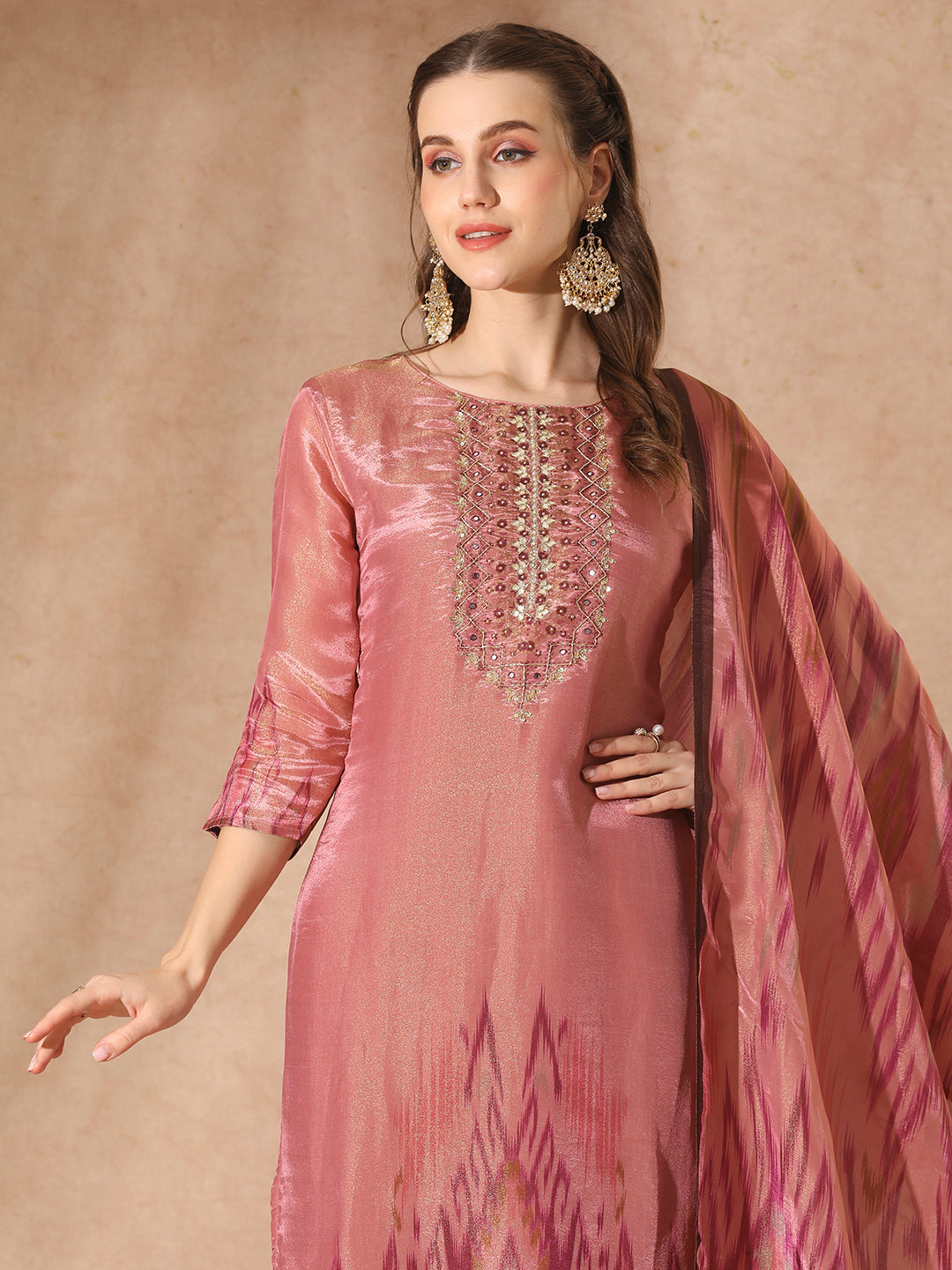 Ethnic Ikat Printed & Hand Embroidered Straight Kurta with Pant & Dupatta - Pink