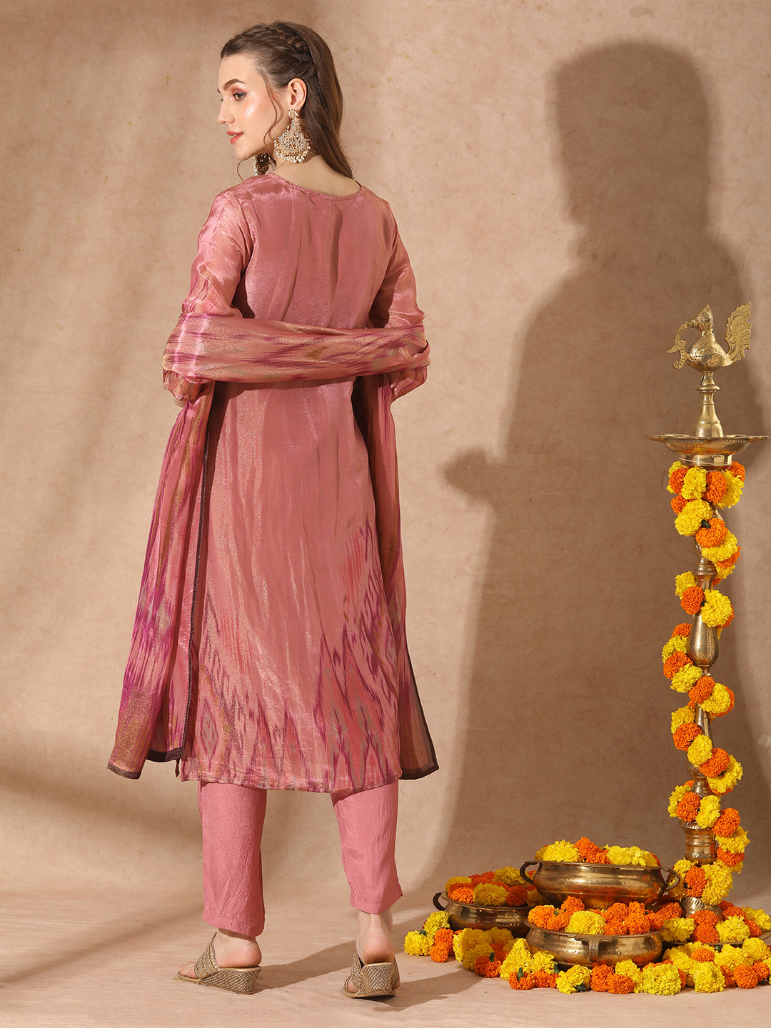 Ethnic Ikat Printed & Hand Embroidered Straight Kurta with Pant & Dupatta - Pink