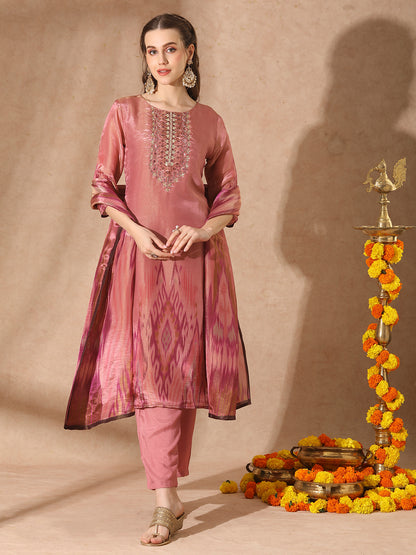 Ethnic Ikat Printed & Hand Embroidered Straight Kurta with Pant & Dupatta - Pink