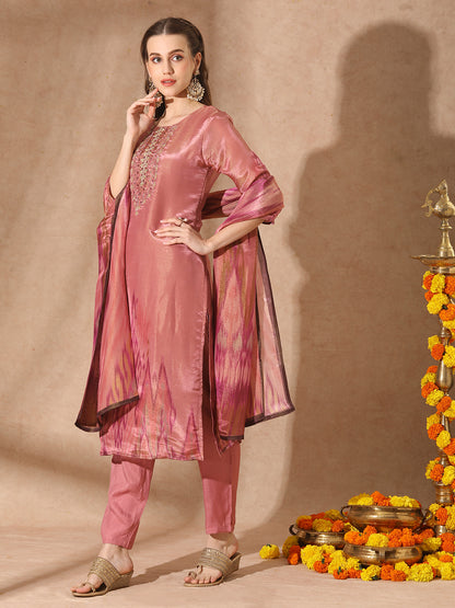 Ethnic Ikat Printed & Hand Embroidered Straight Kurta with Pant & Dupatta - Pink