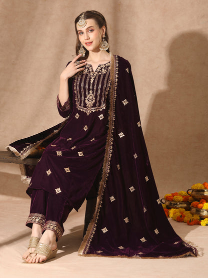 Floral Printed & Embroidered Straight Velvet Kurta with Pant & Dupatta - Deep Purple