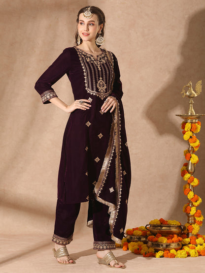 Floral Printed & Embroidered Straight Velvet Kurta with Pant & Dupatta - Deep Purple