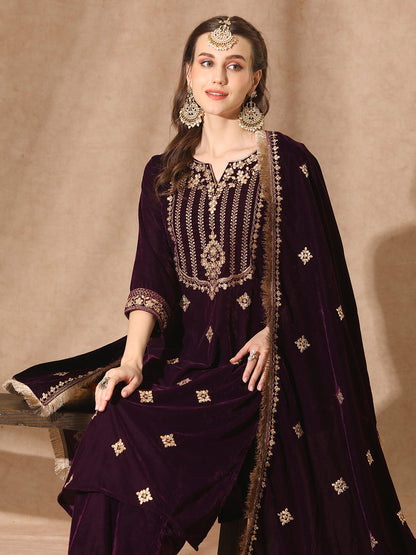 Floral Printed & Embroidered Straight Velvet Kurta with Pant & Dupatta - Deep Purple