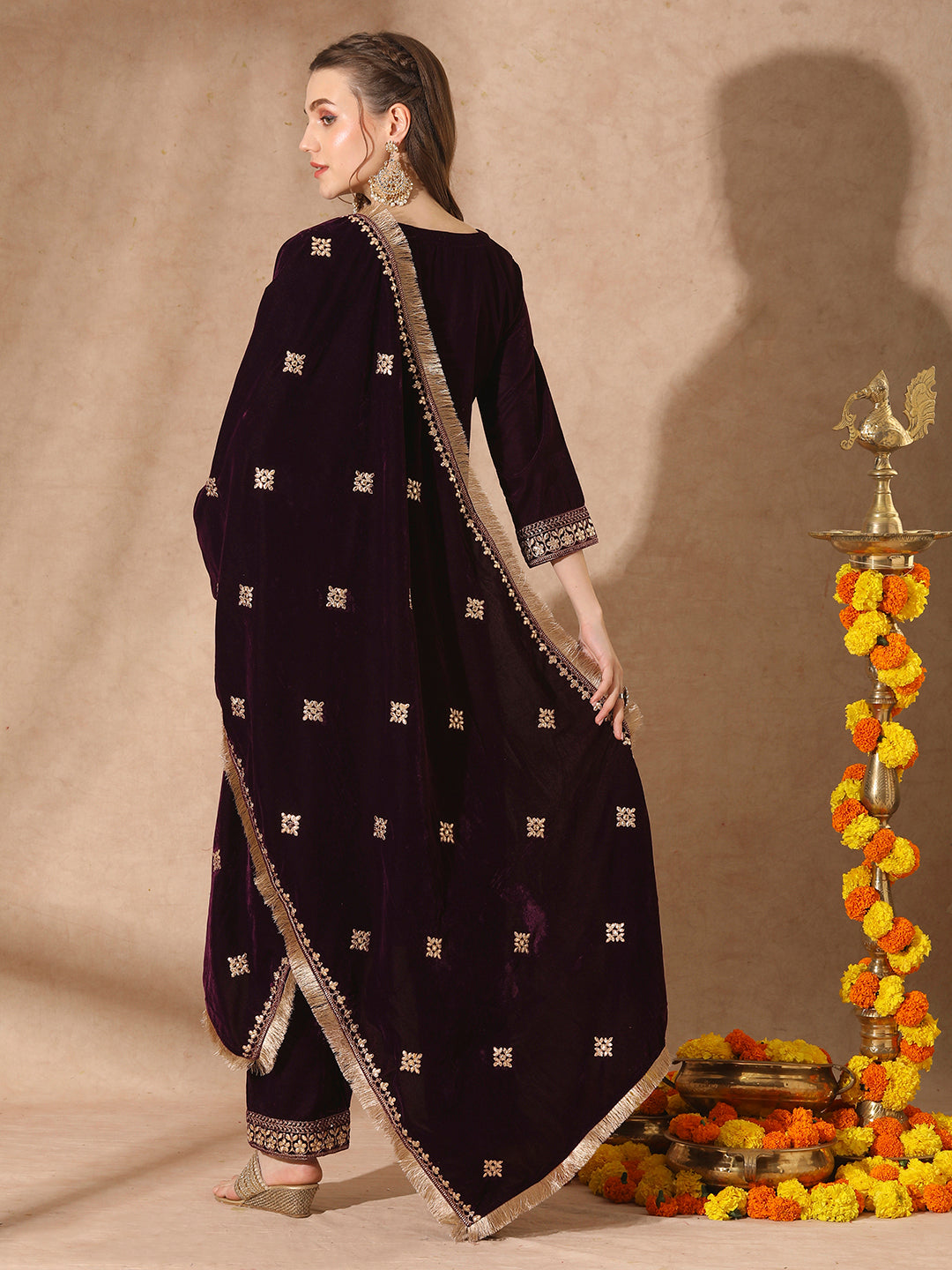 Floral Printed & Embroidered Straight Velvet Kurta with Pant & Dupatta - Deep Purple