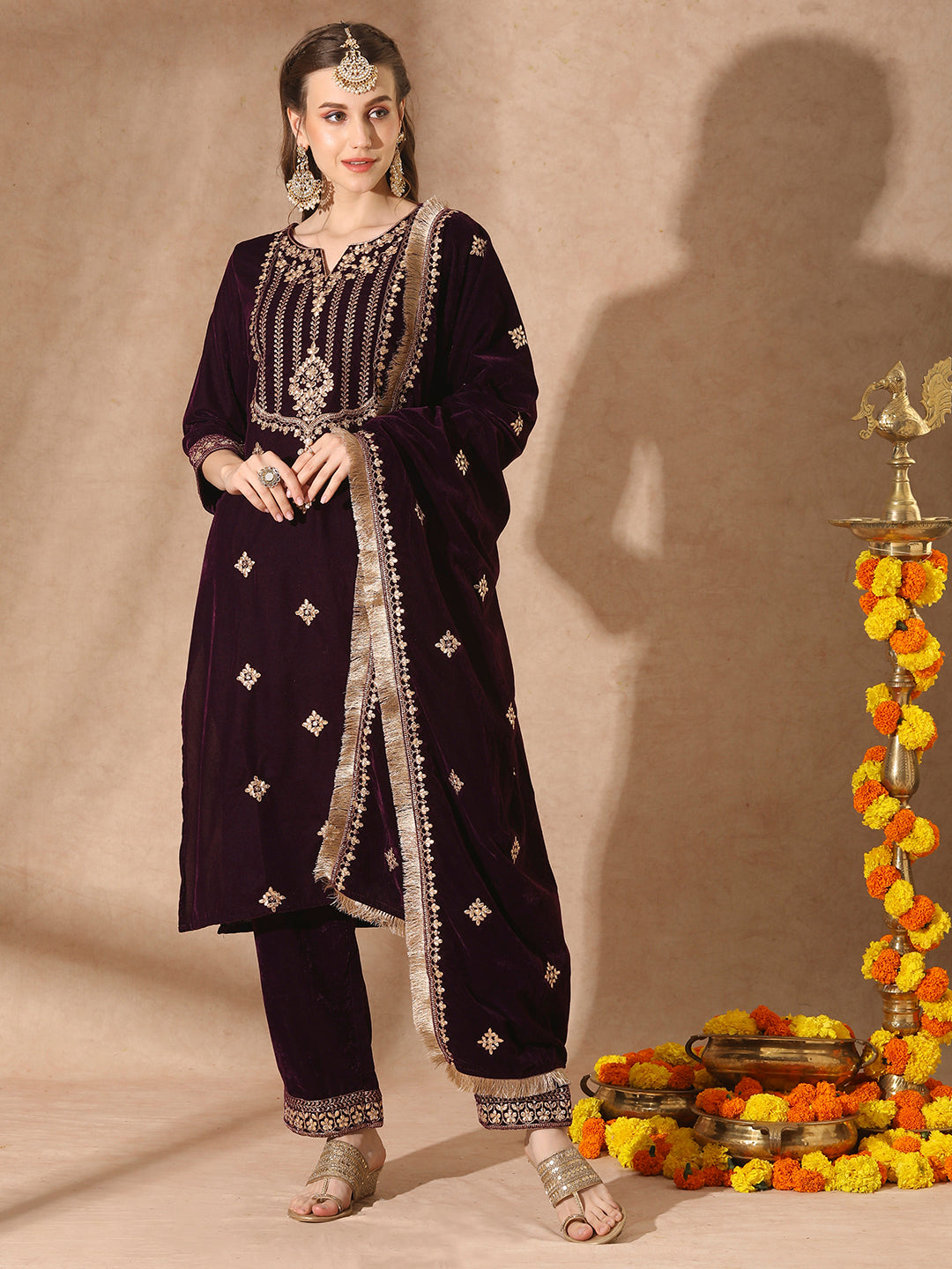 Floral Printed & Embroidered Straight Velvet Kurta with Pant & Dupatta - Deep Purple