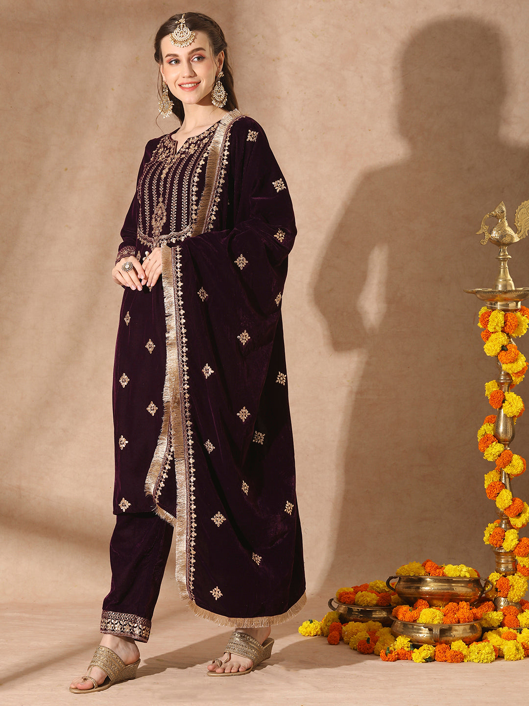 Floral Printed & Embroidered Straight Velvet Kurta with Pant & Dupatta - Deep Purple