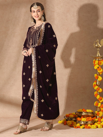 Floral Printed & Embroidered Straight Velvet Kurta with Pant & Dupatta - Deep Purple