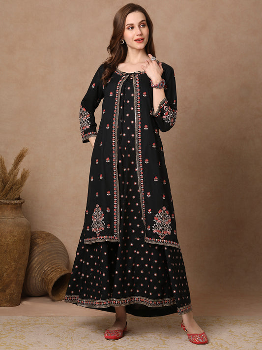 Solid Ethnic Embroidered Anarkali Flared Maxi Dress with Jacket - Black