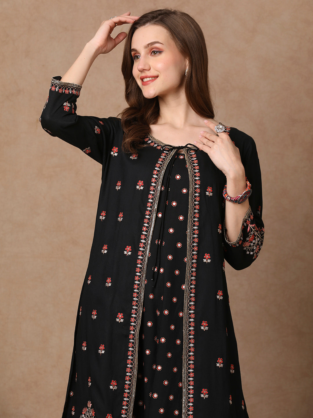 Solid Ethnic Embroidered Anarkali Flared Maxi Dress with Jacket - Black