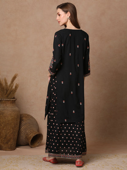 Solid Ethnic Embroidered Anarkali Flared Maxi Dress with Jacket - Black