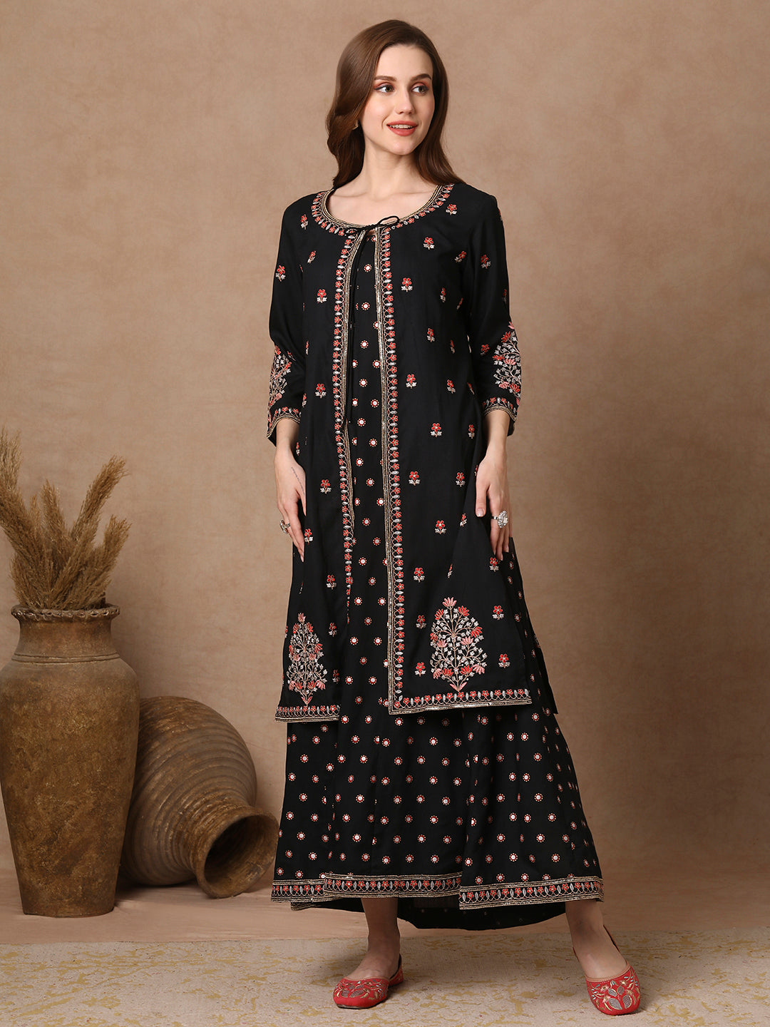 Solid Ethnic Embroidered Anarkali Flared Maxi Dress with Jacket - Black