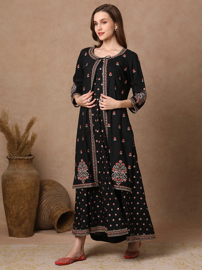 Solid Ethnic Embroidered Anarkali Flared Maxi Dress with Jacket - Black