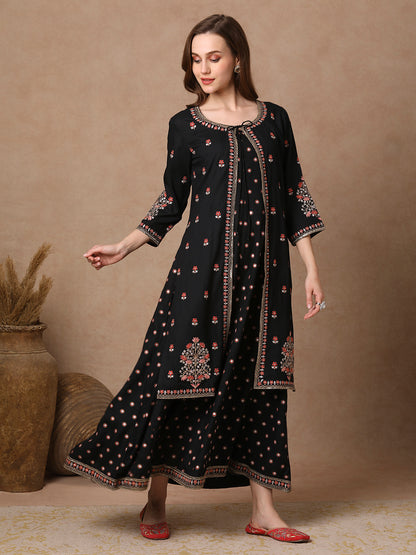 Solid Ethnic Embroidered Anarkali Flared Maxi Dress with Jacket - Black