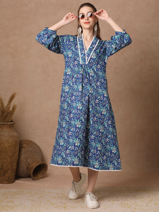 Ethnic Floral Printed A-Line Pleated Maxi Dress - Blue