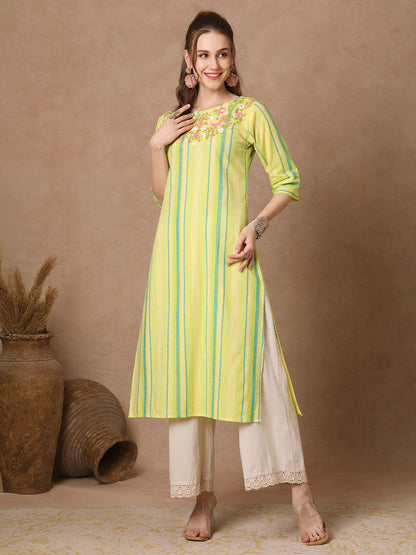 Stripes Woven & Floral Hand Embroidered Straight Fit Kurta - Green