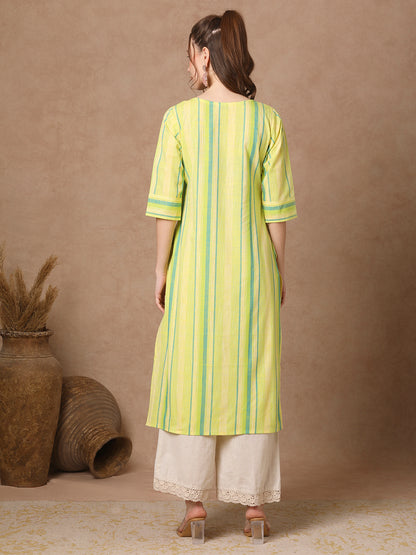 Stripes Woven & Floral Hand Embroidered Straight Fit Kurta - Green
