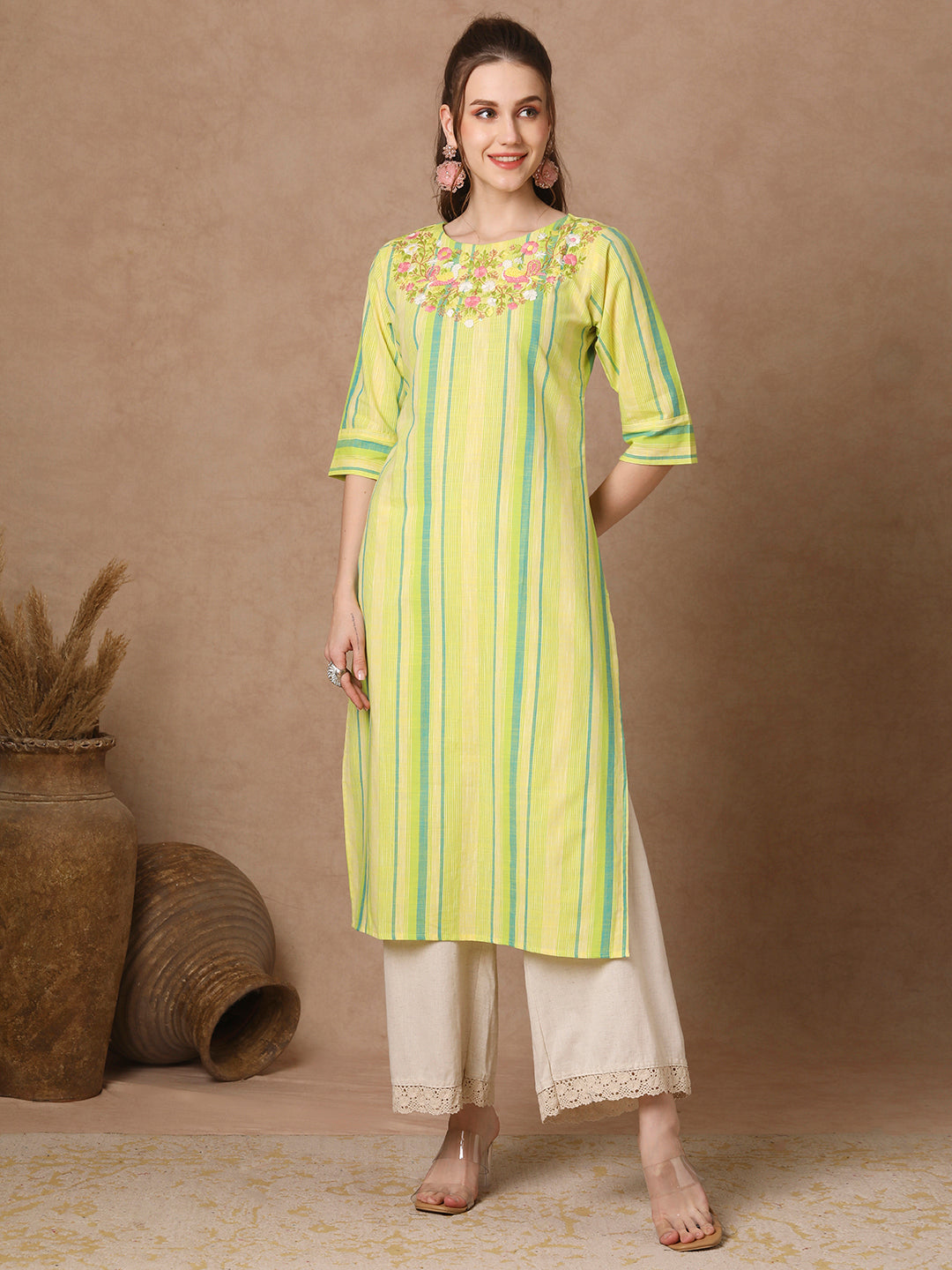 Stripes Woven & Floral Hand Embroidered Straight Fit Kurta - Green