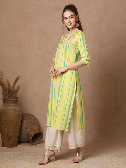 Stripes Woven & Floral Hand Embroidered Straight Fit Kurta - Green