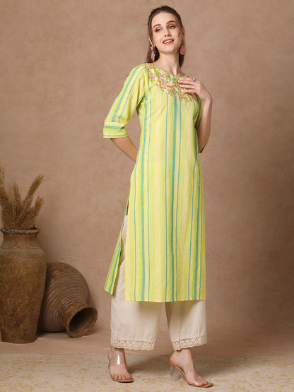 Stripes Woven & Floral Hand Embroidered Straight Fit Kurta - Green