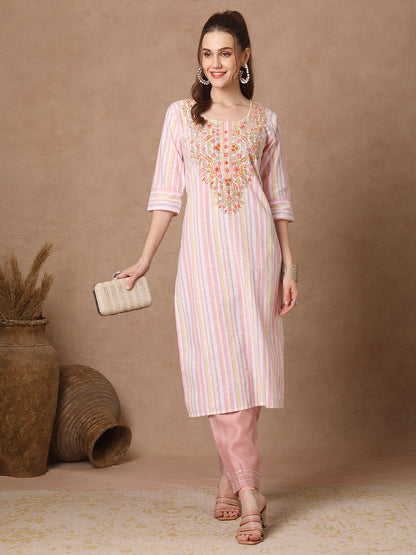 Stripes Woven & Floral Hand Embroidered Straight Fit Kurta - White