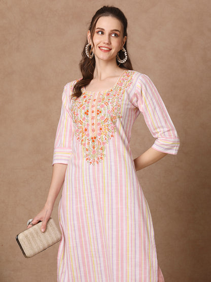 Stripes Woven & Floral Hand Embroidered Straight Fit Kurta - White