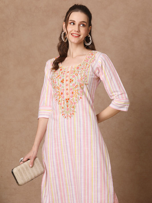 Stripes Woven & Floral Hand Embroidered Straight Fit Kurta - White