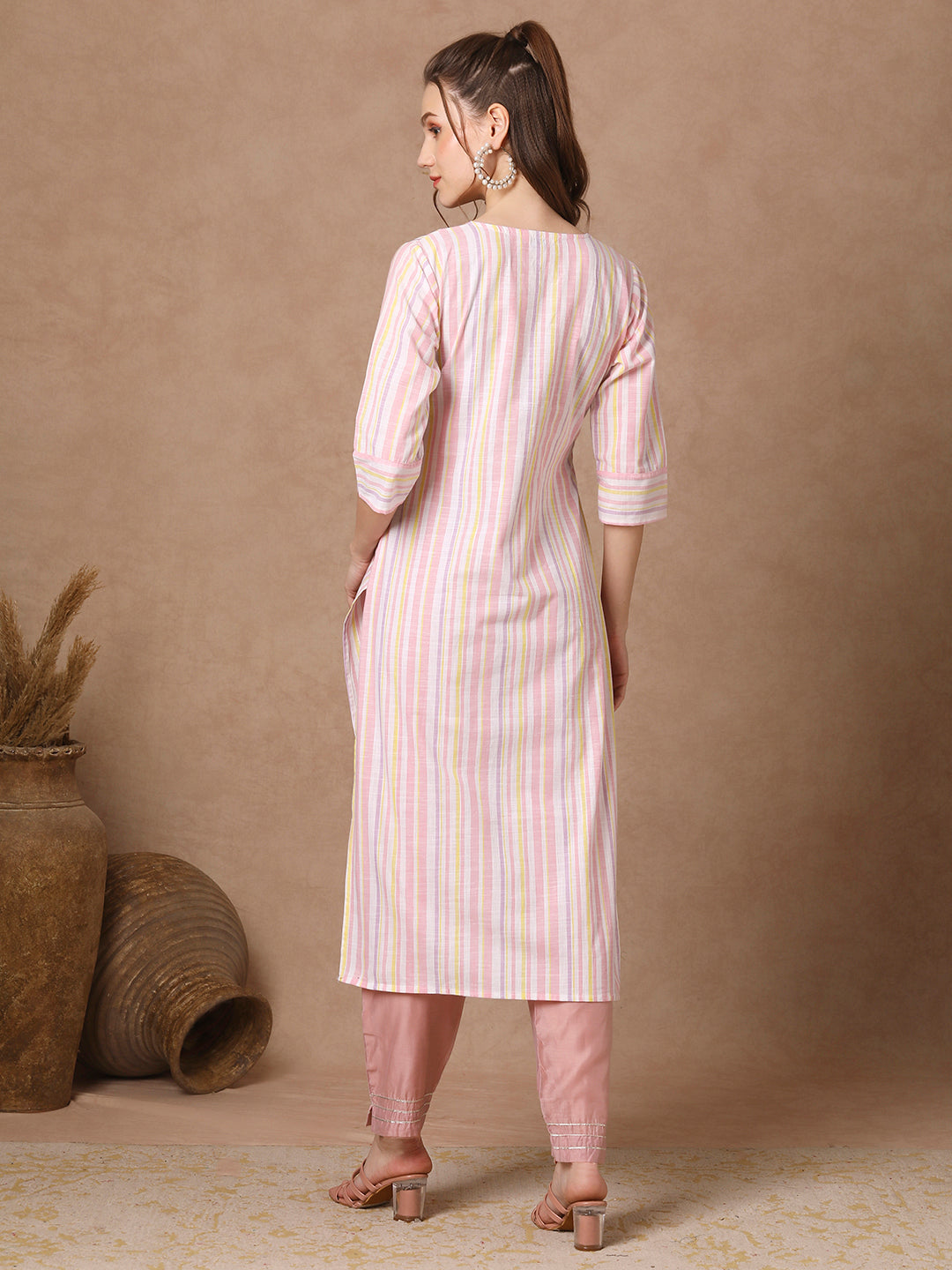 Stripes Woven & Floral Hand Embroidered Straight Fit Kurta - White