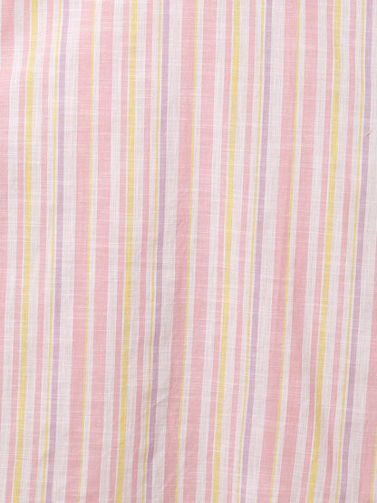 Stripes Woven & Floral Hand Embroidered Straight Fit Kurta - White